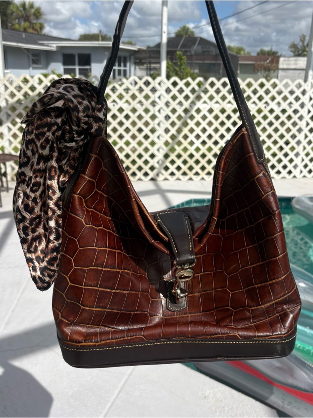 Brown Croc-Embossed Leather Shoulder Bag